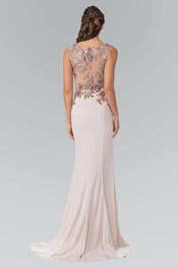 Elizabeth K GL2270 V Neck Embroidered Bodice Jersey Long Dress in Champagne - SohoGirl.com