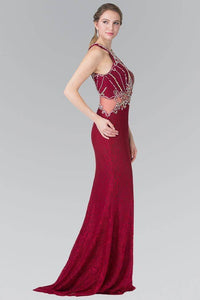 Elizabeth K GL2275 Beaded Lace Halter Neck Illusion Waist Long Dress in Burgundy - SohoGirl.com
