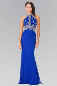 Elizabeth K GL2275 Beaded Lace Halter Neck Illusion Waist Long Dress in Royal Blue - SohoGirl.com