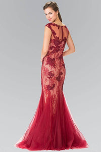 Elizabeth K GL2276 Floral Embroidered Lace and Tulle Full Length Gown in Burgundy - SohoGirl.com