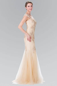 Elizabeth K GL2276 Floral Embroidered Lace and Tulle Full Length Gown in Champagne - SohoGirl.com