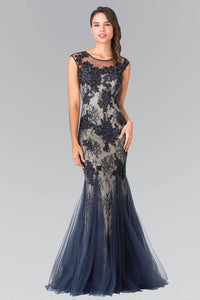 Elizabeth K GL2276 Floral Embroidered Lace and Tulle Full Length Gown in Navy - SohoGirl.com
