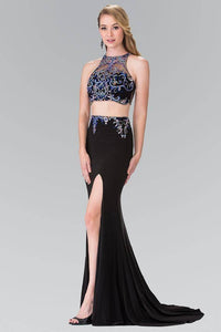 Elizabeth K GL2277 Colorful Beads Embellished Two Piece with Side Slit Dress in Black - SohoGirl.com