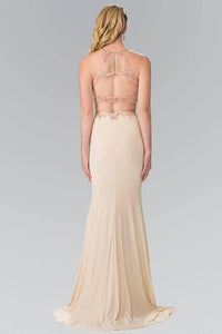 Elizabeth K GL2277 Colorful Beads Embellished Two Piece with Side Slit Dress in Champagne - SohoGirl.com