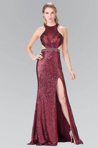 Elizabeth K GL2278 Full Sequined Halter Dress with Side Slit in Burgundy - SohoGirl.com