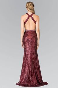 Elizabeth K GL2278 Full Sequined Halter Dress with Side Slit in Burgundy - SohoGirl.com