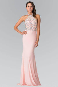 Elizabeth K GL2279 Multi Colored Beaded Halter Neck Dress in Blush - SohoGirl.com