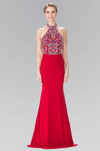 Elizabeth K GL2279 Multi Colored Beaded Halter Neck Dress in Red - SohoGirl.com