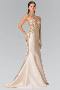 Elizabeth K GL2280 High Neck Illusion Sweetheart Peplum Long Train Dress in Champagne - SohoGirl.com