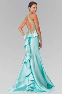 Elizabeth K GL2280 High Neck Illusion Sweetheart Peplum Long Train Dress in Tiffany - SohoGirl.com