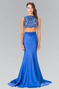 Elizabeth K GL2281 Two Piece Lace Top and Satin Skirt in Royal Blue - SohoGirl.com