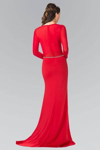 Elizabeth K GL2284 Abstract Marquee Beaded Sheer Long Sleeve Gown in Red - SohoGirl.com