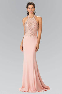 Elizabeth K GL2285 Harlequin Beaded Halter Neck Long Dress in Blush - SohoGirl.com