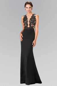 Elizabeth K GL2286 Illusion V Neck Lace Bodice Dress in Black - SohoGirl.com