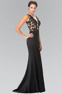 Elizabeth K GL2286 Illusion V Neck Lace Bodice Dress in Black - SohoGirl.com