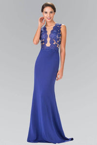 Elizabeth K GL2286 Illusion V Neck Lace Bodice Dress in Royal Blue - SohoGirl.com
