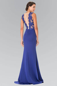 Elizabeth K GL2286 Illusion V Neck Lace Bodice Dress in Royal Blue - SohoGirl.com