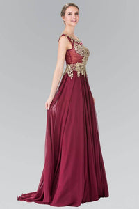 Elizabeth K GL2288 Flower Lace Chiffon Full Length Gown in Burgundy - SohoGirl.com