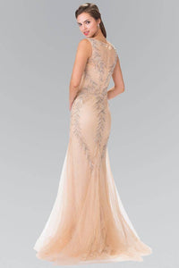 Elizabeth K GL2289 Beaded Feather Mermaid Dress in Champagne - SohoGirl.com