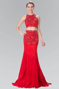 Elizabeth K GL2291 Silver Jeweled Embellished FLoral Lace Long Two Piece Dress in Red - SohoGirl.com