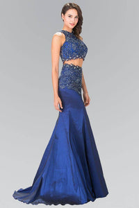 Elizabeth K GL2291 Silver Jeweled Embellished FLoral Lace Long Two Piece Dress in Royal Blue - SohoGirl.com