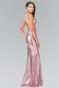 Elizabeth K GL2292 Full Sequin Curvy Illusion Cut Out Long Gown in Dusty Rose - SohoGirl.com