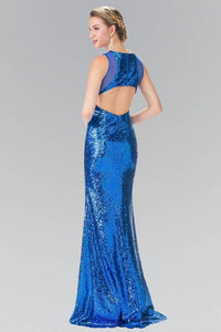 Elizabeth K GL2292 Full Sequin Curvy Illusion Cut Out Long Gown in Royal Blue - SohoGirl.com