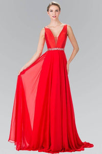 Elizabeth K GL2293 Illusion V Neck Long Gown with Belted Waist in Red - SohoGirl.com
