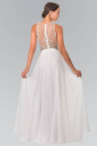 Elizabeth K GL2295 Elaborate Bead Embellished Bodice Chiffon Long Dress in Champagne - SohoGirl.com
