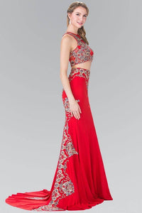 Elizabeth K GL2296 Blue Threaded Oriental Embroidery Two Piece Gown in Red - SohoGirl.com