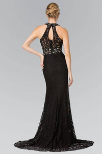 Elizabeth K GL2297 Beaded Halter Neck Illusion Cut Out Lace Dress in Black - SohoGirl.com