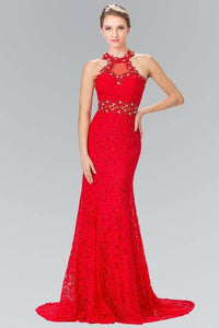 Elizabeth K GL2297 Beaded Halter Neck Illusion Cut Out Lace Dress in Red - SohoGirl.com