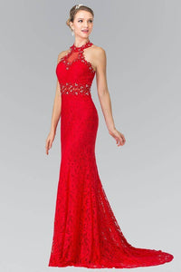 Elizabeth K GL2297 Beaded Halter Neck Illusion Cut Out Lace Dress in Red - SohoGirl.com