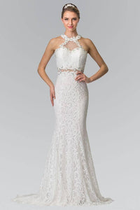 Elizabeth K GL2297 Beaded Halter Neck Illusion Cut Out Lace Dress in White - SohoGirl.com