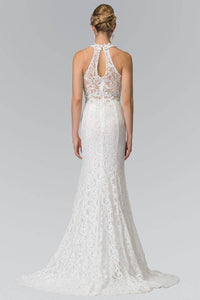 Elizabeth K GL2297 Beaded Halter Neck Illusion Cut Out Lace Dress in White - SohoGirl.com
