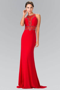 Elizabeth K GL2298 Sunburst Bead Embellished Long Dress with Sheer Cut Outs in Red - SohoGirl.com