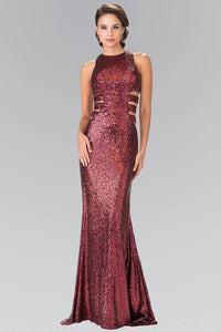 Elizabeth K GL2299 Caged Cut Out Full Sequined Long Dress in Burgundy - SohoGirl.com