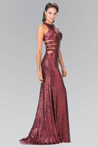 Elizabeth K GL2299 Caged Cut Out Full Sequined Long Dress in Burgundy - SohoGirl.com
