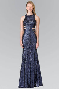 Elizabeth K GL2299 Caged Cut Out Full Sequined Long Dress in Navy - SohoGirl.com