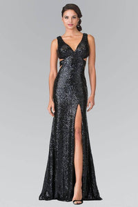 Elizabeth K GL2300 Full Sequin Long Gown with Cut Outs and Thigh Slit in Black - SohoGirl.com