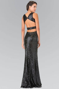Elizabeth K GL2300 Full Sequin Long Gown with Cut Outs and Thigh Slit in Black - SohoGirl.com