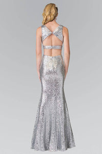 Elizabeth K GL2300 Full Sequin Long Gown with Cut Outs and Thigh Slit in Silver - SohoGirl.com