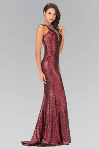 Elizabeth K GL2301 Sequined High Neck Floor Length Gown with Triangle in Burgundy - SohoGirl.com