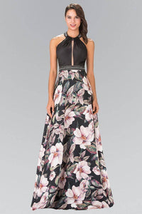 Elizabeth K GL2302 A Line Halter Floral Print Long Dress in Black - SohoGirl.com