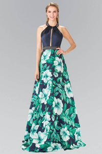 Elizabeth K GL2302 A Line Halter Floral Print Long Dress in Green - SohoGirl.com