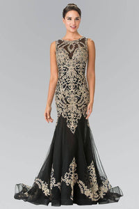 Elizabeth K GL2307 Floral Gold Embroidery Tulle Long Dress with Tail in Black - SohoGirl.com