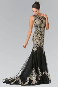 Elizabeth K GL2307 Floral Gold Embroidery Tulle Long Dress with Tail in Black - SohoGirl.com