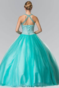 Elizabeth K GL2309 Bead Embellished Illusion Sweetheart Halter Quinceanera Gown in Aqua - SohoGirl.com