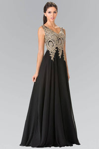 Elizabeth K GL2311 Embroidered Empire Waist Chiffon Pleated Gown in Black - SohoGirl.com
