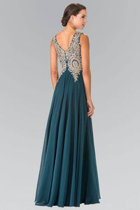 Elizabeth K GL2311 Embroidered Empire Waist Chiffon Pleated Gown in Teal - SohoGirl.com